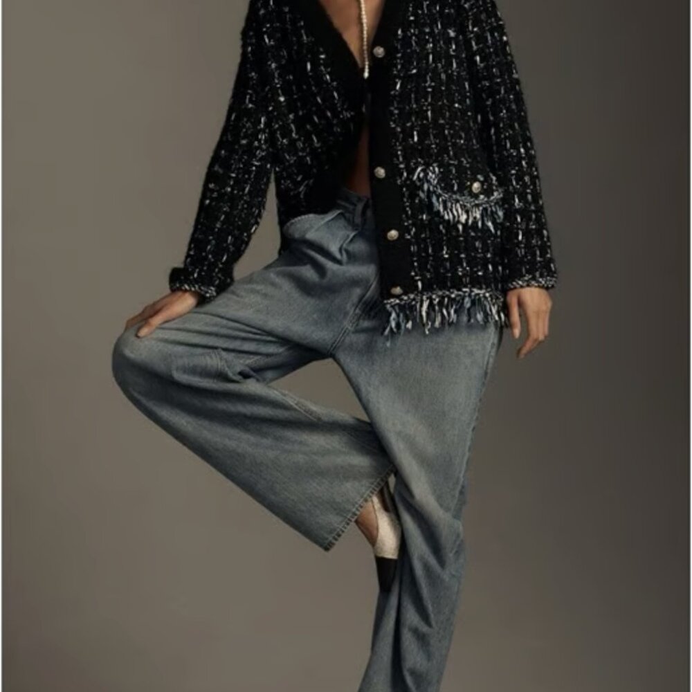 By Anthropologie Tweed Fringe Cardigan